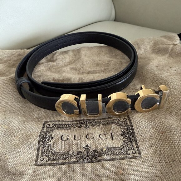 NEW Gucci Buckle Thin Leather Belt Women\'s Black 70 cm 100% Authentic main image 4